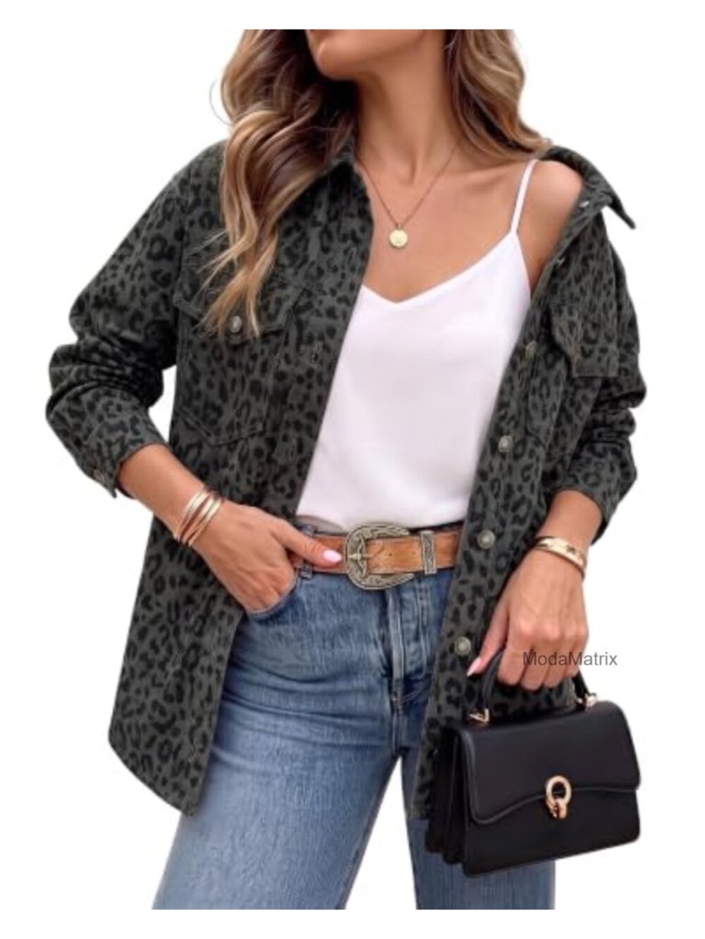 Leopard Print Oversized Denim Shacket Button Down Long Sleeve Jacket